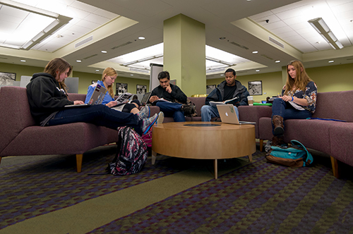 Students studying in the lower level lab of the Undergraduate Library