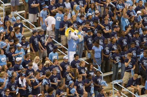 Rameses mascot walking down stairs in the middle of UNC student tar pit