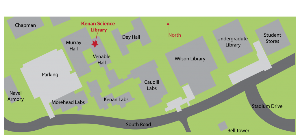 map of unc campus with the Kenan Science Library marked in relation to one another. 