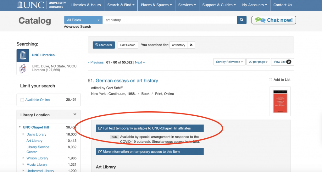 screenshot of university libraries catalog search page