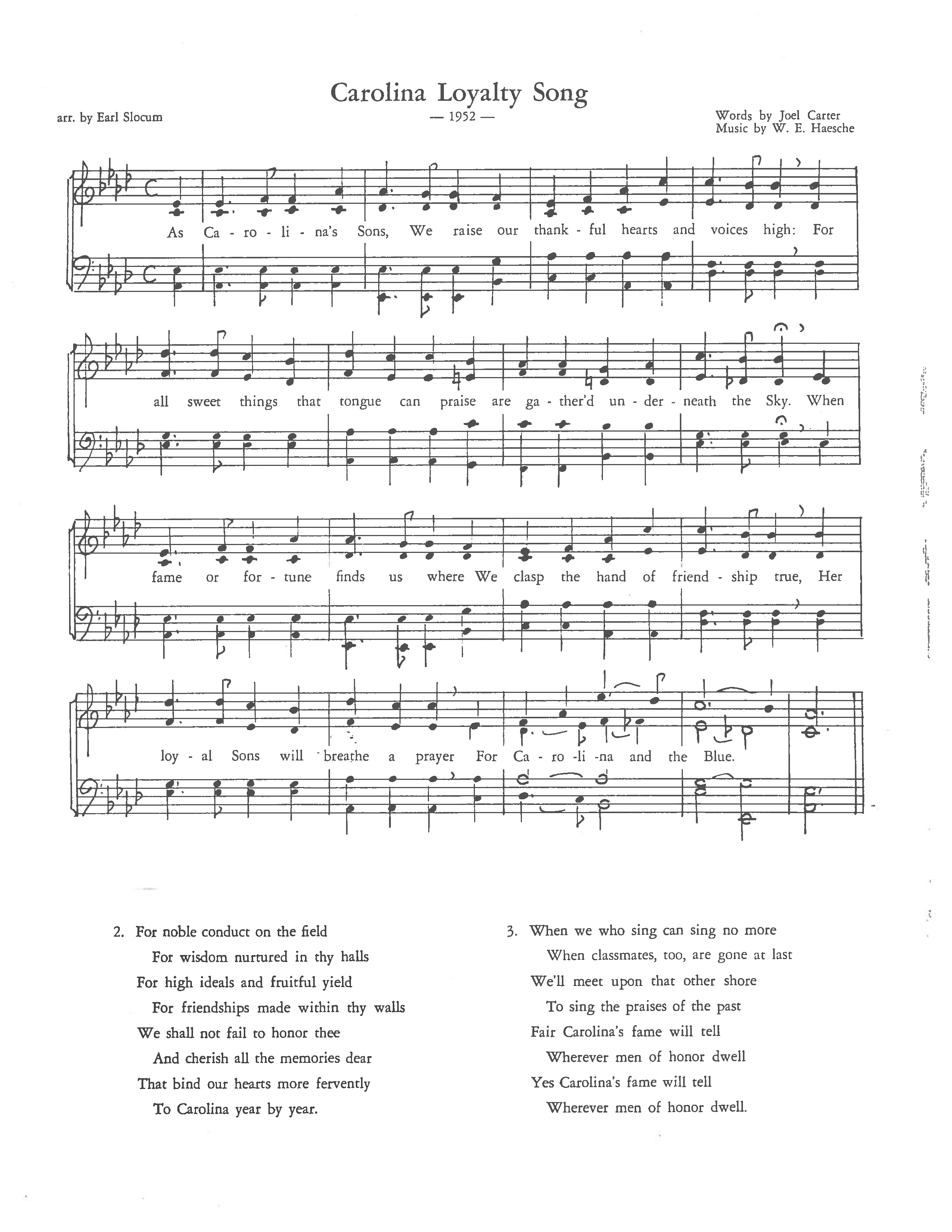 Sheet Music for Carolina Loyalty Song, by Joel Carter and W.E. Haesche. Arranged by Earl Slocum.