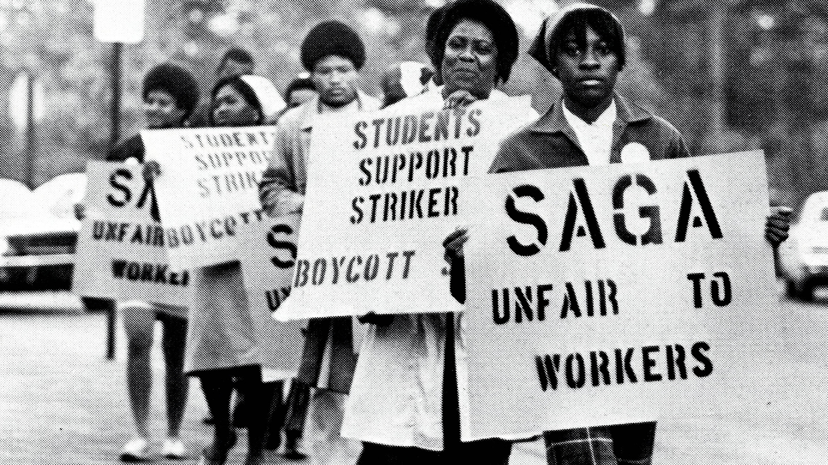 archival black and white photograph of women protesting during the UNC Foodworkers Strike