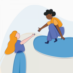 Illustration of two women reaching towards each other, giving each other a hand