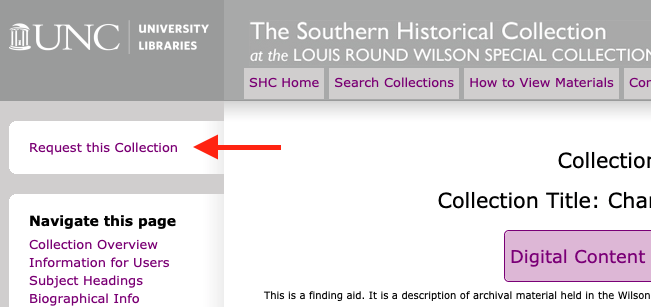 Red arrow pointing to "Request this Collection" button on an online finding aid