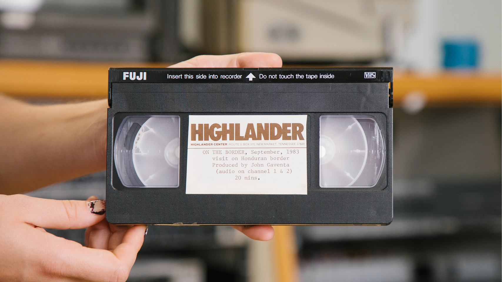 a VHS tape that says "Highlander: on the Border, September 1983 visit on Honduran border; produced by John Gaventa, 20 mins."