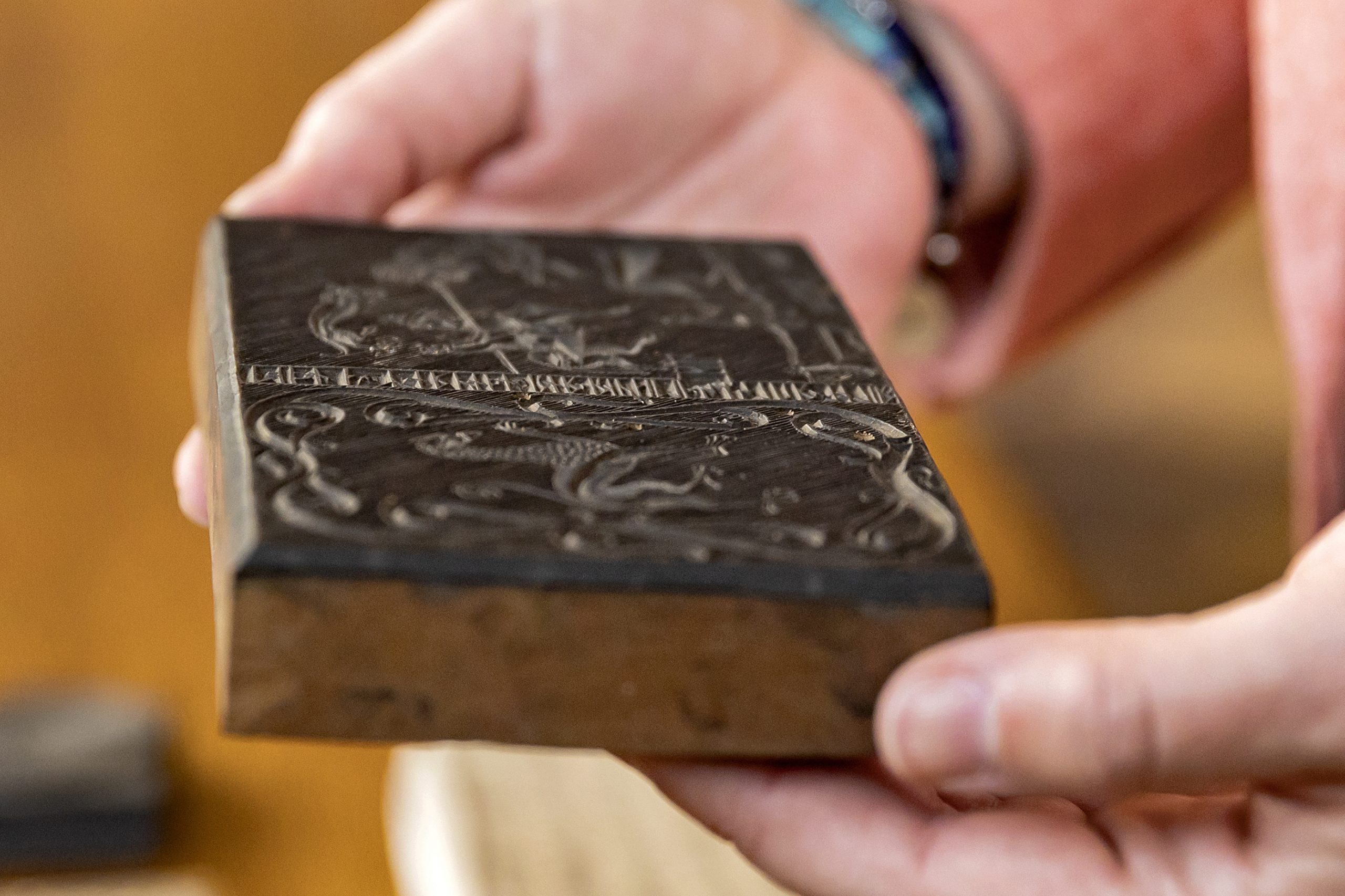 A detail shot of one of the woodcut printing blocks from the 9 millionth volume, 900 woodcut printing blocks