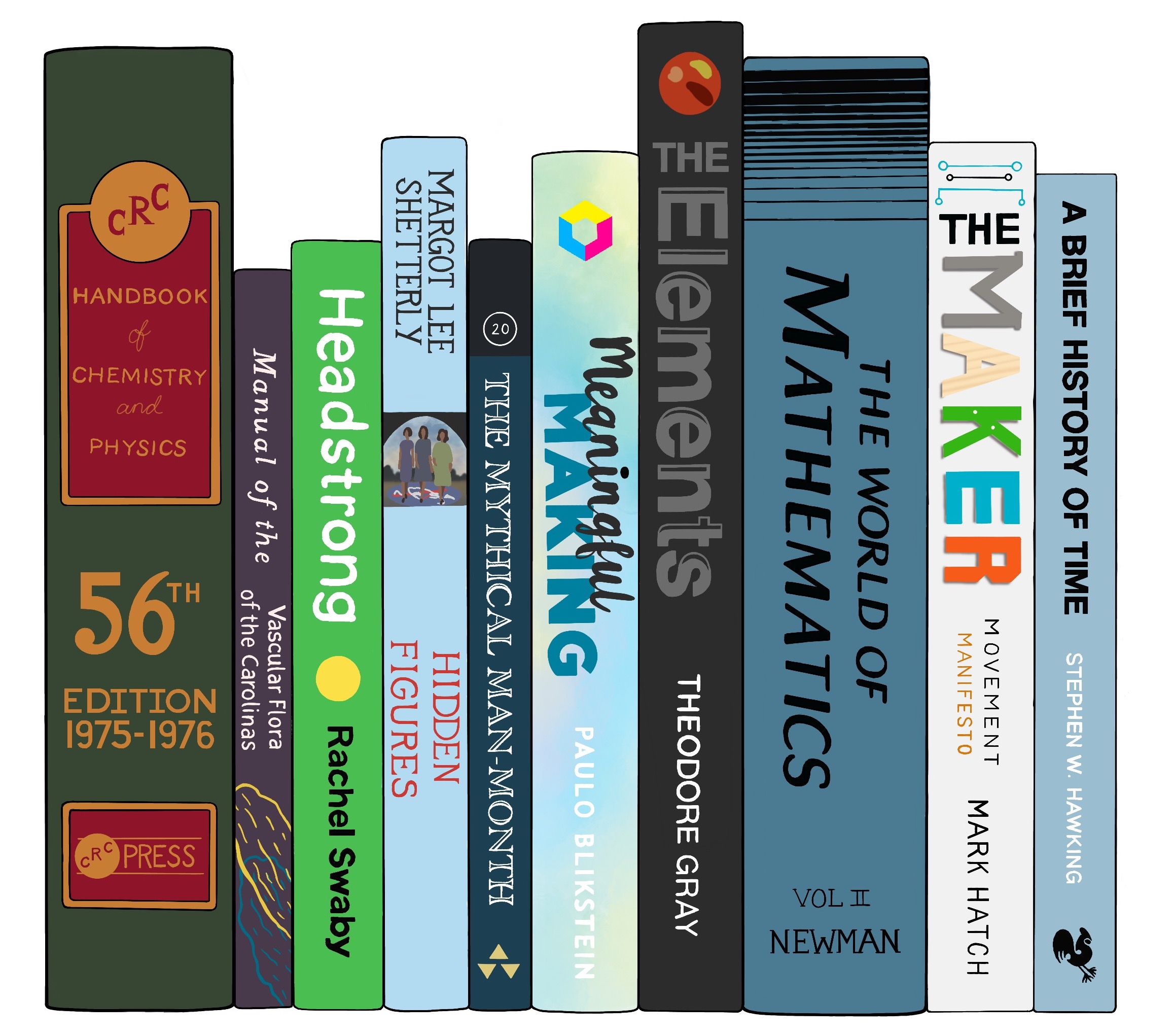 Illustrated shelf of 12 books from the KSL