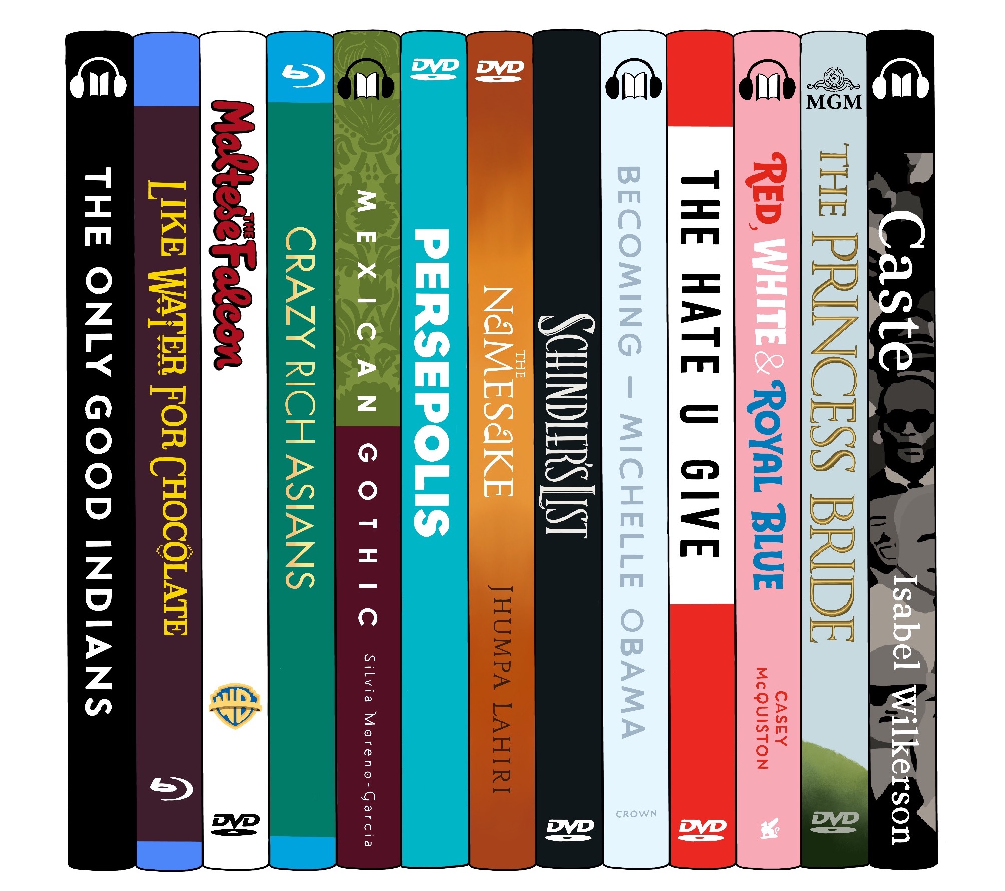 Illustrated shelf of 12 DVDs and Audiobooks from the MDC