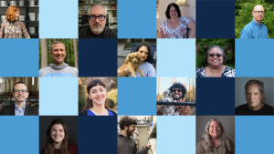 photos of staff award winners with alternating blue squares