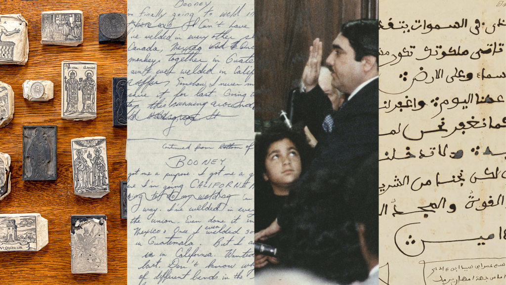 4 images showing pieces from the new special collections. Image 1 shows photo of woodblocks, second image shows a handwritten page from Lewis Black's collection, the third is a photograph of Rep. G.K. Butterfield’s, the fourth is an image of a manuscript from the Said collection
