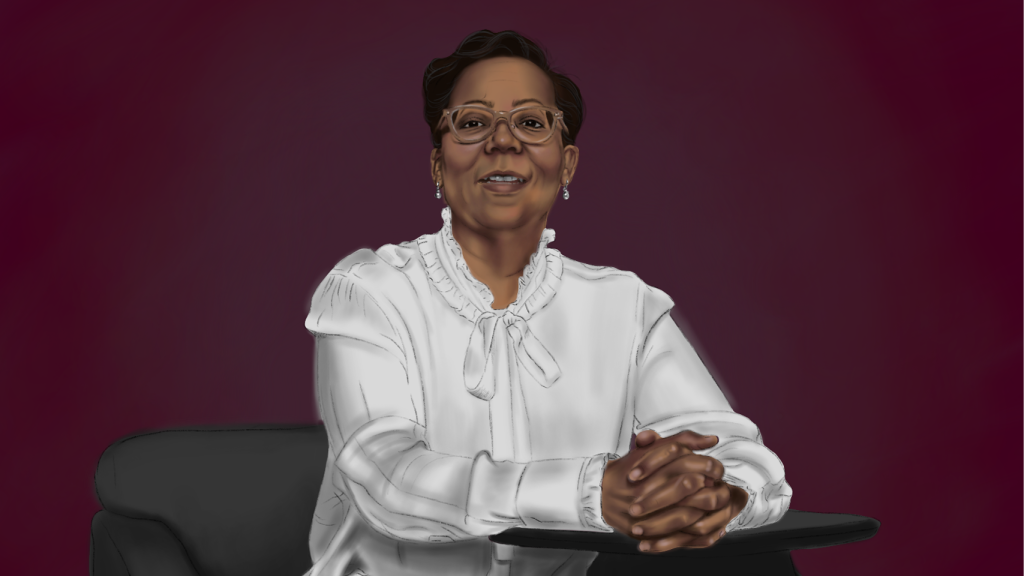 Digital illustration of Elaine Westbrooks in a white blouse with a magenta background
