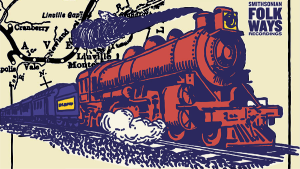 illustration of a train with words smithsonian folkways recordings in upper right corner