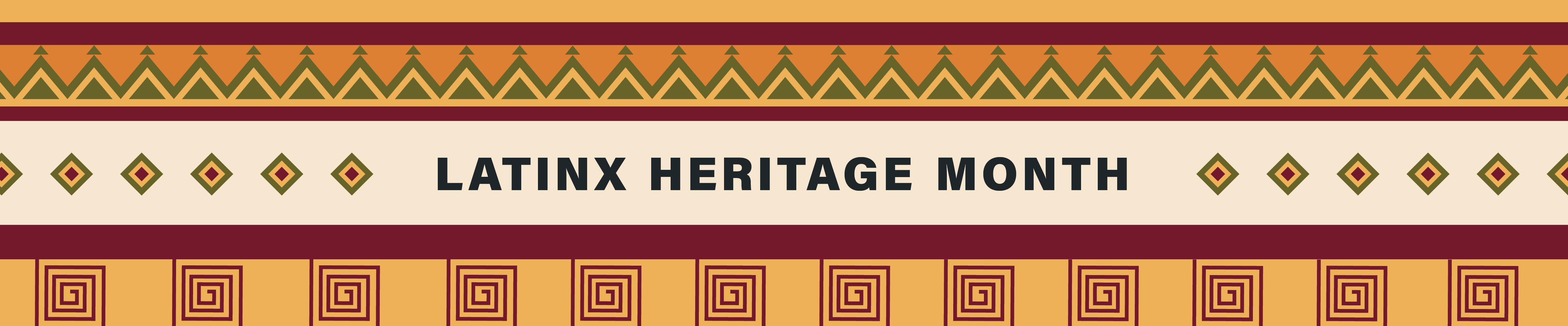 Latinx Heritage Month text with a yellow, red and green pattern of squares, triangles and other shapes.