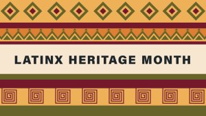 Latinx Heritage Month text with a colorful pattern of squares, triangles and other shapes.