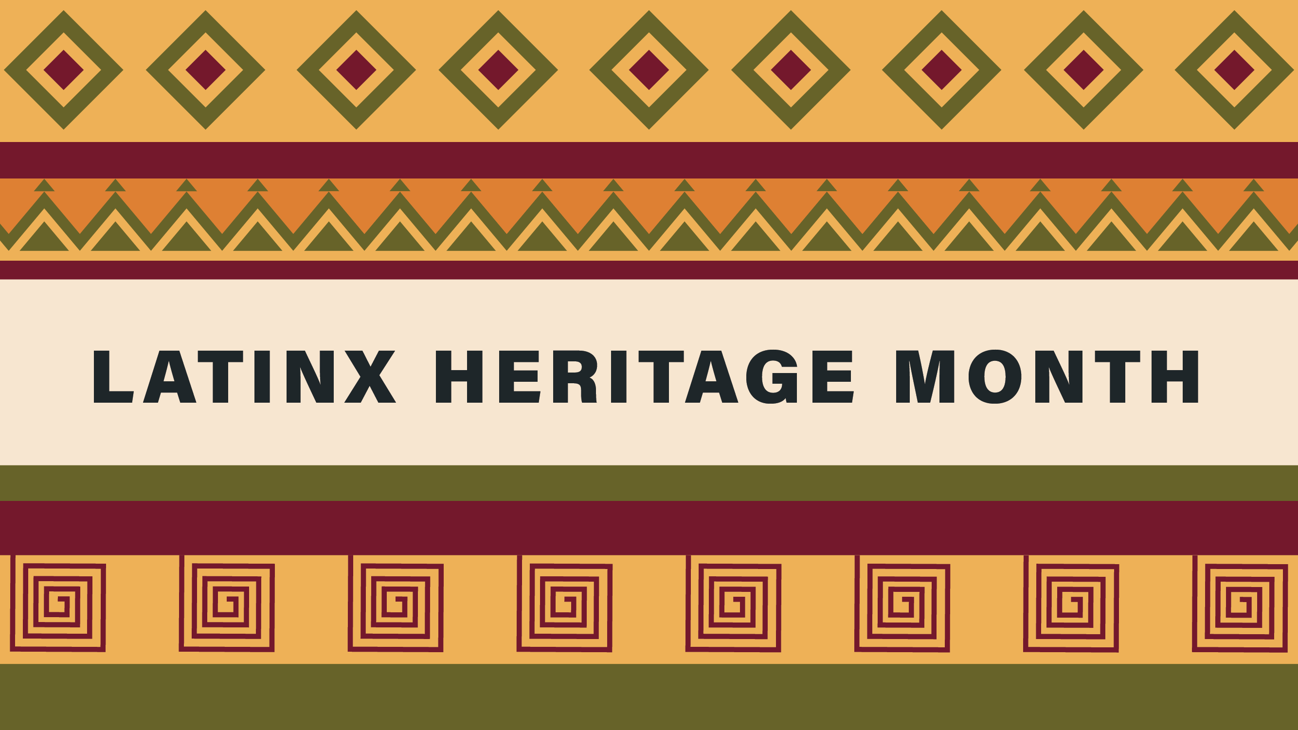 Latinx Heritage Month text with a colorful pattern of squares, triangles and other shapes.