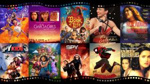 A collage of films, with upper and lower boarders designed to look like the edge of film strips. Features: Coco, How the Garcia Girls Spent their Summer, The book of Life, Selena, Real Women Have Curves, Spy Kids, Spy Kids 3: Game Over, Encanto, Spider-man: Into the Spider-verse, and In the Time of the Butteflies