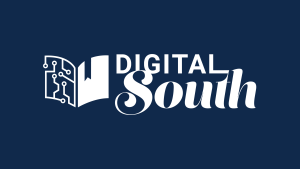Digital South. Image of a book, with one cover composed of a circuit board and one cover bearing a bookmark.