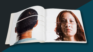 Open book showing spread with a large portrait on both pages. The left page shows a person with short hair with his back to the viewer. The portrait on the right shows a person will long hair looking directly at the viewer.