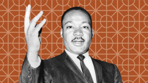 Black and white photograph of Martin Luther King Junior speaking with his hand raised. The backyard is a rust colored graphic with vector lines on top.