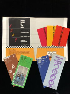 A collection of government brochures about women in the work place. They are brightly colored and cover topics such as Sexual Harrassment, Family & Medical Leave, pregnancy Discrimination, Working Mothers, Women's Apprenticeships and equal employment efforts.