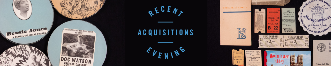 Recent Acquisitions Evening logo with images of reels, ticket stubs and various ephemera.
