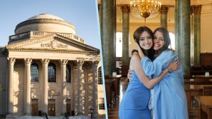 Exterior of Wilson Library on the left and a photo of 2 young women hugging and wearing Carolina Blue graduation gowns in the Wilson Fearrington Reading Room