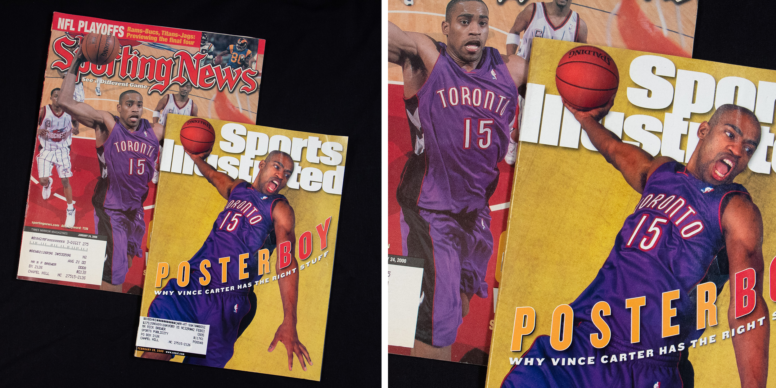 2 magazines laying side by side. One is Sporting News showing a black man flying in to dunk a basketball. The second magazine is a Sports Illustrated showing a photo of a black man jumping up with the basketball.