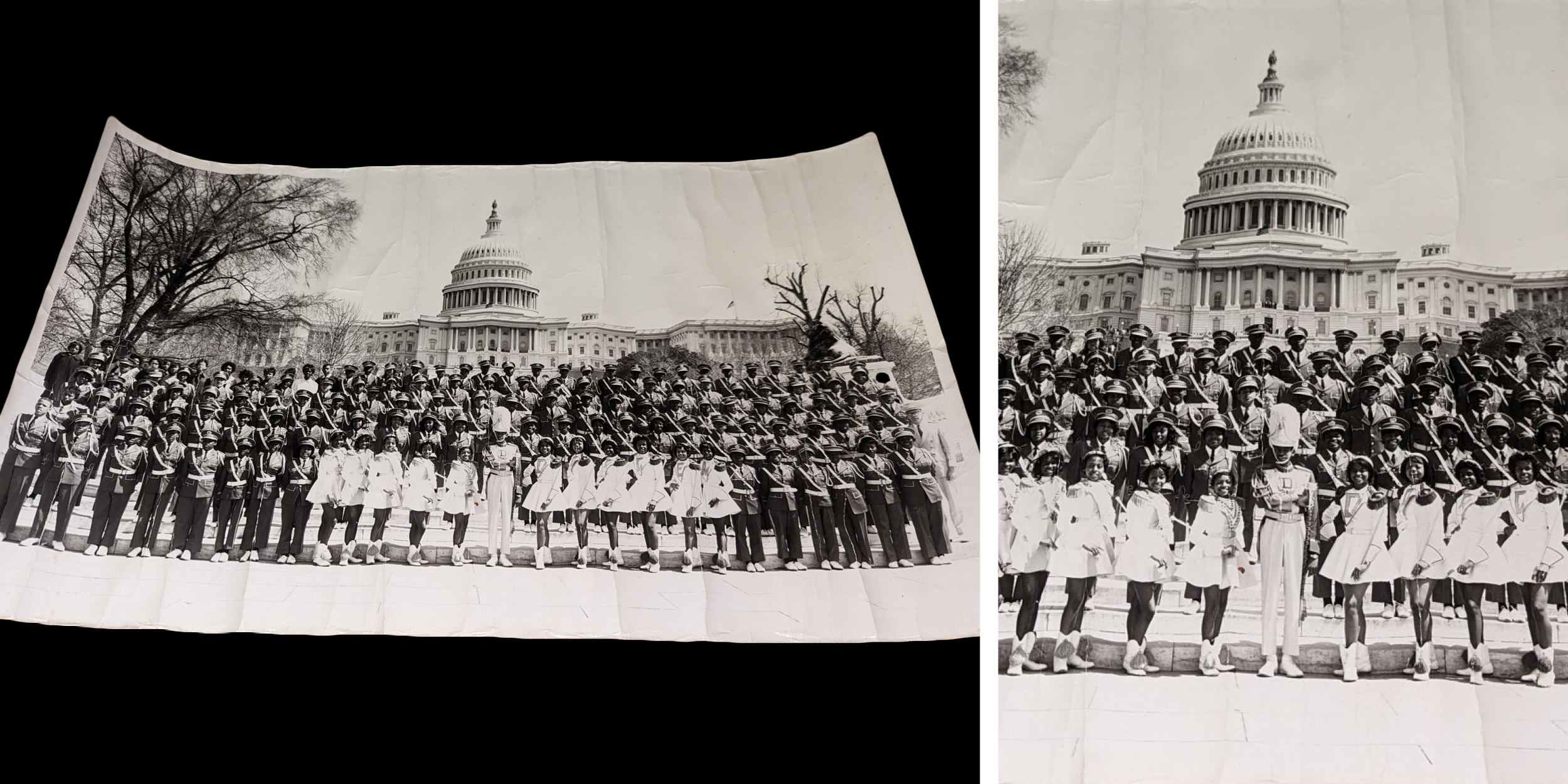 photo of a black and white archival print showing a large band standing for a group portrait in front of the capital building.