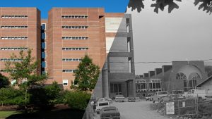 A splitscreen image of Davis Library. The left half is a contemporary image in color, and the right is a black and white photo from the Library's past.
