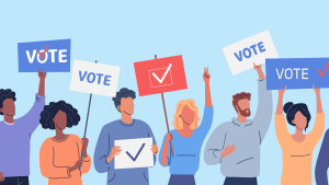 Illustration of people holding signs. The signs say "Vote" or display check-marks.