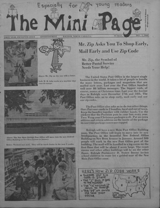 Front page of The Mini Page, from 12/7/69. Featured articles are about the adoption of zip codes.