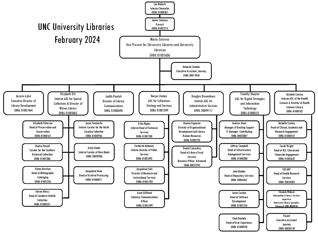 org chart showing Maria Estorino as Vice Provost for University Libraries and University Librarian. See our Staff Directory for an accessible representation of our organizational structure.