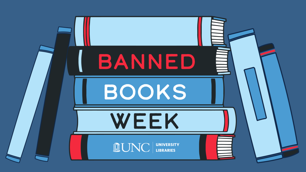 Illustration of a stack of books. The spines read Banned Books Week. One book has the Libraries Logo on it.
